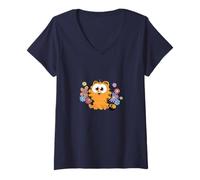 Womens Garfield Too Cute To Care Chibi Floral Front & Back V-Neck T-Shirt