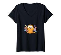 Womens Garfield Too Cute To Care Floral Chibi Front & Back V-Neck T-Shirt