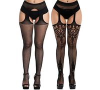 Women's Garter Belt Fishnet Tights Stockings High Waisted Suspender Pantyhose 2 Pairs…
