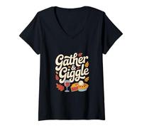Womens Gather & Giggle Fall Thanksgiving Pie Wine Leaves V-Neck T-Shirt