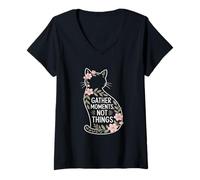 Womens Gather Moments Not Things Floral Cat V-Neck T-Shirt