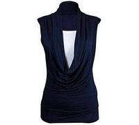 Womens Gathered Cowl Neck Stretch Top Ladies Plain Sleeveless Long Party Wear Vest Top (Navy UK 8-10)