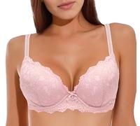 Women's Gathering Underwire Bra Thicken Sexy Embroidery Half Cup Plunge Bras Palace Style Lace Daily Demi Top Pink 34A