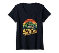 Women's Gatok Wrestling Mode Activated Retro Gator Grappler V-Neck T-Shirt
