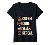 Womens Geek Routine Coder - Coffee, Code, Dodo, Encore V-Neck T-Shirt