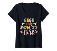 Womens Gege Of The Pawty Girl Dog Grandma Family Matching V-Neck T-Shirt