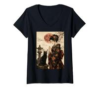 Women's Geisha Greeting Black Cat by Stone Lantern Japanese Artwork V-Neck T-Shirt