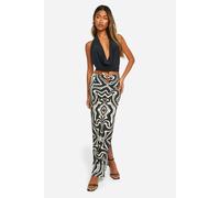 Womens Gem Metal Trim Slinky Printed Maxi Skirt - Black - 12, Black