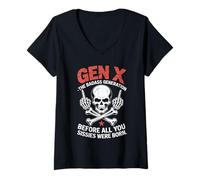 Women's Gen X The Badass Generation Skull Middle Finger V-Neck T-Shirt