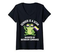 Women's Gender is A Scam Non Binary Frog Enby Flag V-Neck T-Shirt