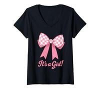 Womens Gender Reveal It's a Girl Pink Bow Baby Announcement Art V-Neck T-Shirt