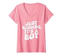 Womens Gender Reveal Just Kidding It's A Boy Baby Party V-Neck T-Shirt