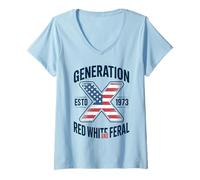 Womens Generation X 1973 Red White and Feral American Flag Gen Xer V-Neck T-Shirt