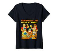 Womens Generative AI Art Feeds My Family Funny Retro V-Neck T-Shirt