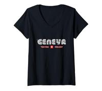 Womens Geneva Switzerland 70s 80s Retro Type Graphic V-Neck T-Shirt
