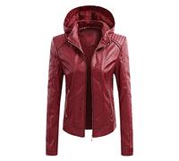 Women's Genuine Leather Jacket With Hood - Winter Softshell Waterproof Fleece Coat, Long Sleeve Biker Style, Black and Red