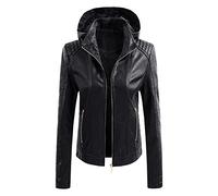 Women's Genuine Leather Jacket With Hood - Winter Softshell Waterproof Fleece Coat, Long Sleeve Biker Style, Black and Red