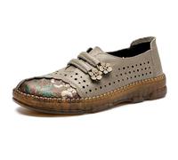Women's Genuine Leather Loafers Slip-On Flats with Flower Detail for Work | Genuine leather upper, floral detail, slip-on entry, flat sole profile, for walking, driving, office, travel and daily wear
