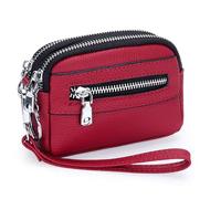 Women's Genuine Leather Mini Clutch - Large Capacity Coin Purse with Double Zipper - Versatile Handbag for Everyday Use (Burgundy)