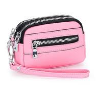 Women's Genuine Leather Mini Clutch - Large Capacity Coin Purse with Double Zipper - Versatile Handbag for Everyday Use (Pink)