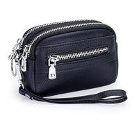 Women's Genuine Leather Mini Clutch - Large Capacity Coin Purse with Double Zipper - Versatile Handbag for Everyday Use (Black)