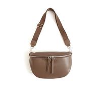 Women's Genuine Leather Waist Bag, Large 25 x 18 cm, Wide Shoulder Strap 4 cm, Double Zip, Zipped Pocket, Taupe, 25 X 18 Centimètres, Stylish Waist Bag with Adjustable Shoulder Strap