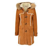 Womens Genuine Sheepskin Duffle Coat Cognac 3/4 Long Hooded Shearling Jacket - Evie (14)