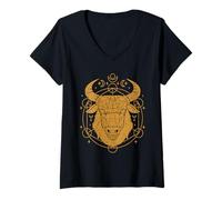 Womens Geometric Cosmic Bull with Moon Phases and Stars V-Neck T-Shirt