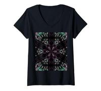 Womens Geometric Hexagonal Mandala Pattern Purple Green V-Neck T-Shirt