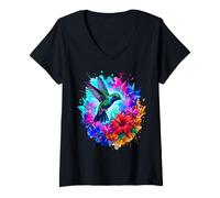 Women's Geometric Hummingbird and Tropical Flowers Watercolor Splash V-Neck T-Shirt