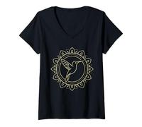 Womens Geometric Hummingbird in Mandala Ring Sacred Line Graphic V-Neck T-Shirt