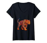 Womens Geometric Leopard Jaguar Predator Polygon Abstract Art V-Neck T-Shirt