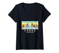 Womens Geometric Mountains Pine Trees Forks Washington Retro Travel V-Neck T-Shirt