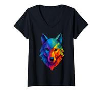 Womens Geometric Polygon Rainbow Wolf Head Abstract Art V-Neck T-Shirt