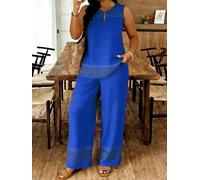Women's Geometric Print 2 Piece Outfit, Sleeveless Split Neck Top & Wide Leg Pants Set For Daily Casual Wear