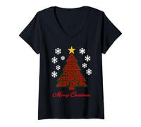 Womens Geometric Red Green X’mas Tree Abstract Math & AI Inspired V-Neck T-Shirt