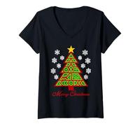 Womens Geometric Red Green X’mas Tree Abstract Math & AI Inspired V-Neck T-Shirt