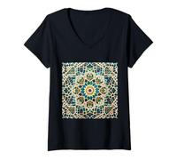 Women's Geometric Traditional Andalusian Moroccan Cellular Tile V-Neck T-Shirt