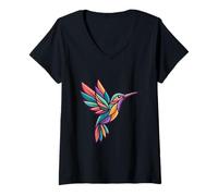 Women's Geometrical Hummingbird Colibri Bird Artwork V-Neck T-Shirt