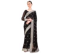 Women's Georgette Embroidered Designer Saree with Unstitched Blouse Piece, Large Border Work (Black)