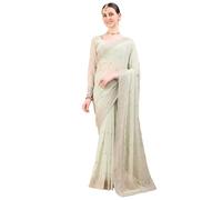 Women's Georgette Embroidered Designer Saree with Unstitched Blouse Piece, Large Border Work (Mint Green)