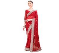 Women's Georgette Embroidered Designer Saree with Unstitched Blouse Piece, Large Border Work (Red)
