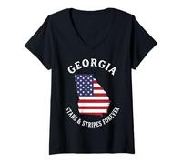Women's Georgia Map American Flag Stars & Stripes Forever V-Neck T-Shirt