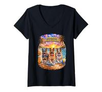 Women's German Shepherd Beach Funny Summer Pup Lover Tropical Sunset V-Neck T-Shirt
