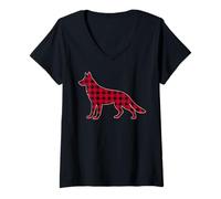 Women's German Shepherd Buffalo Plaid Dog Silhouette V-Neck T-Shirt