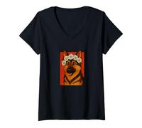 Womens German Shepherd Daisy Crown Floral Dog Art Summer V-Neck T-Shirt