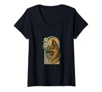 Womens German Shepherd Daisy Floral Dog Art Summer V-Neck T-Shirt