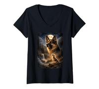 Women's German Shepherd Dog Howling at Moon Vintage Funny Mystic V-Neck T-Shirt