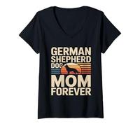 Women's German Shepherd Dog Mom Forever Retro Sunset V-Neck T-Shirt