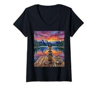 Women's German Shepherd Dog on a Dock at Sunset Artwork V-Neck T-Shirt